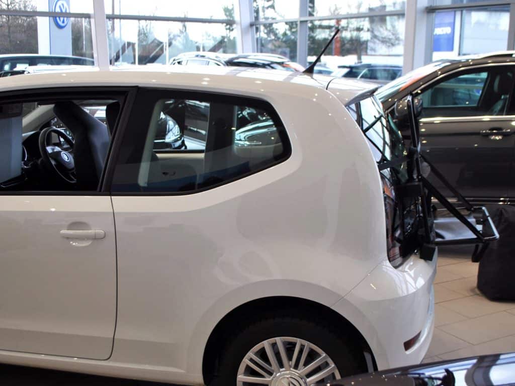 side photo of the hatchbag frame on the rear of a white vw up